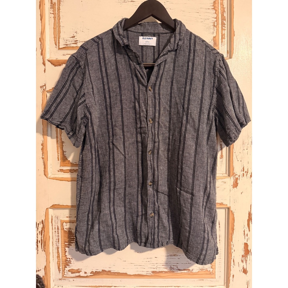 Old Navy Linen Blend Striped Short Sleeve Button Down Shirt Large Black & White